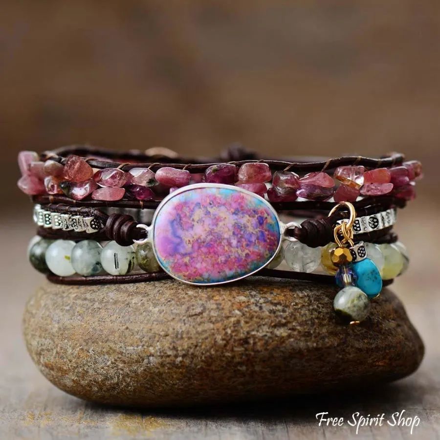 Natural Pink Tourmaline & Prehnite Wrap Bracelet