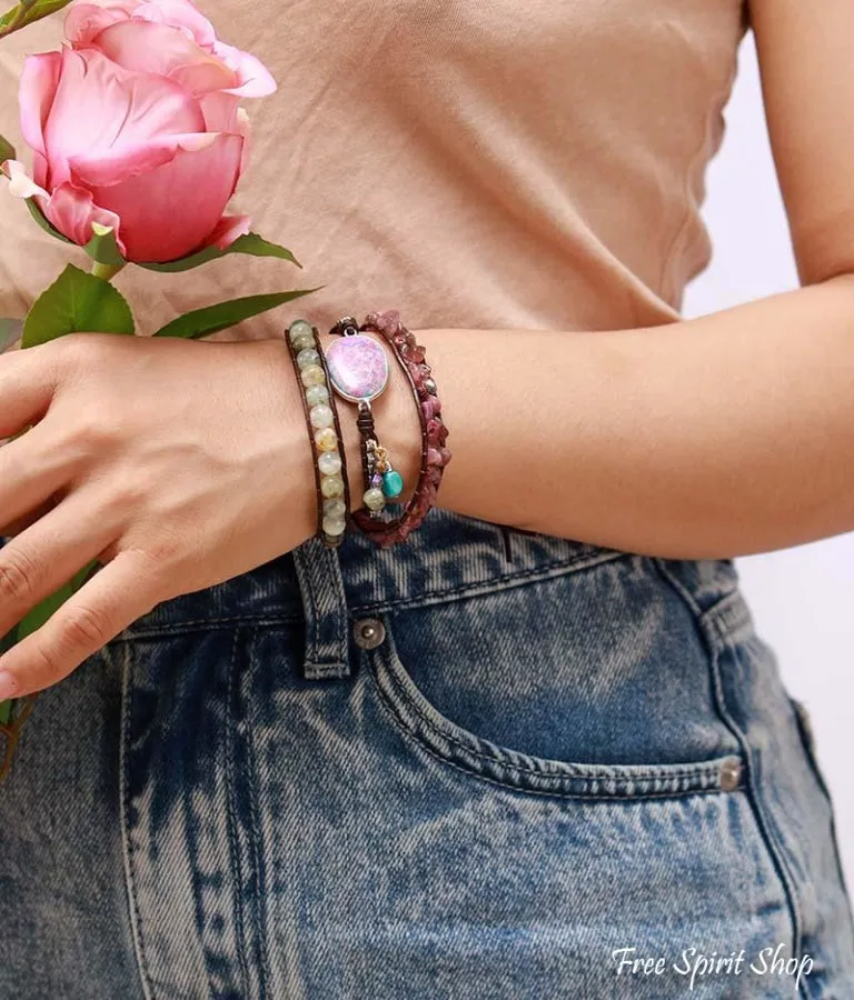 Natural Pink Tourmaline & Prehnite Wrap Bracelet