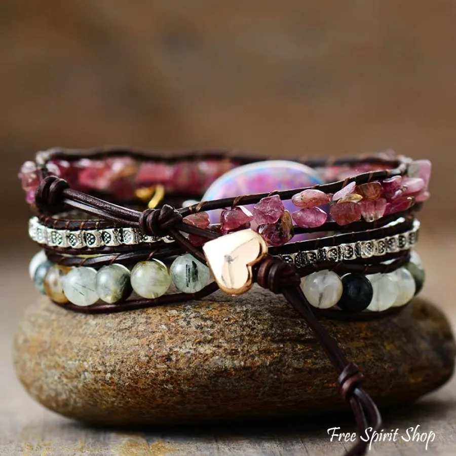 Natural Pink Tourmaline & Prehnite Wrap Bracelet