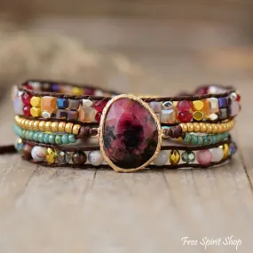 Natural Rhodonite & Mixed Beads Wrap Bracelet