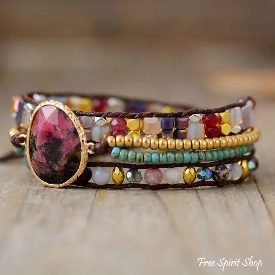 Natural Rhodonite & Mixed Beads Wrap Bracelet