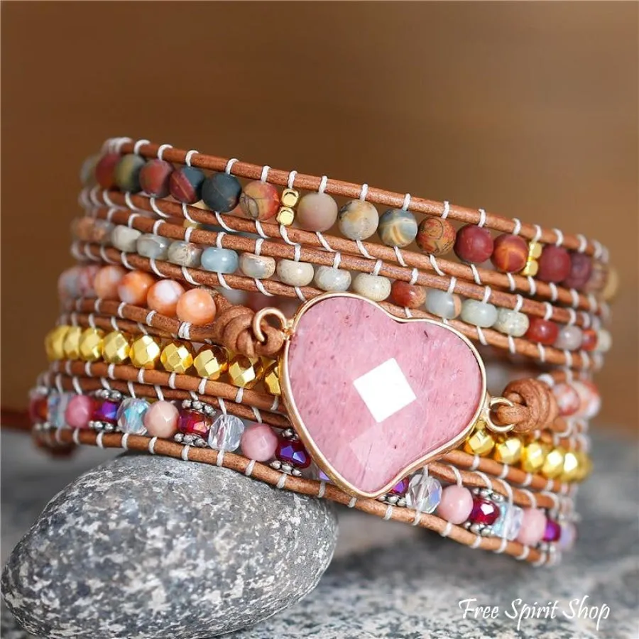 Natural Rhodonite Heart & Jasper Wrap Bracelet