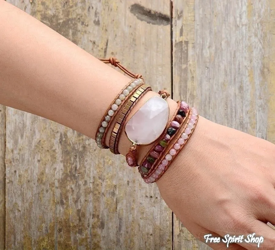 Natural Rose Quartz & Tourmaline Beaded Wrap Bracelet