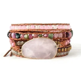 Natural Rose Quartz & Tourmaline Beaded Wrap Bracelet