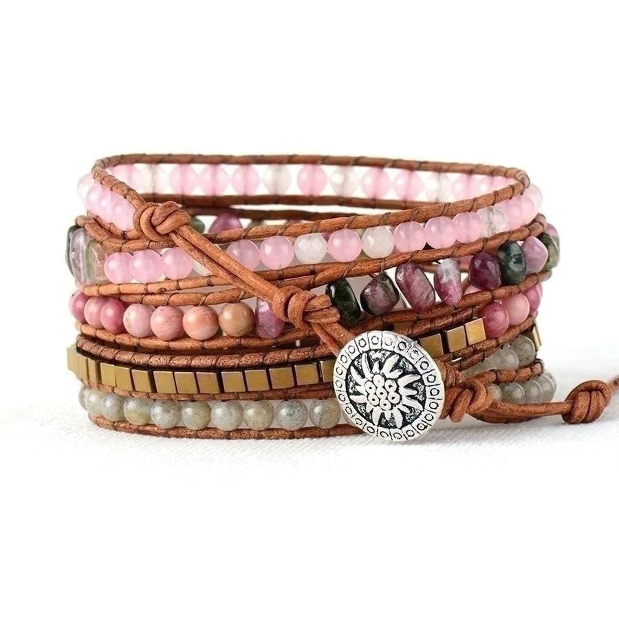 Natural Rose Quartz & Tourmaline Beaded Wrap Bracelet