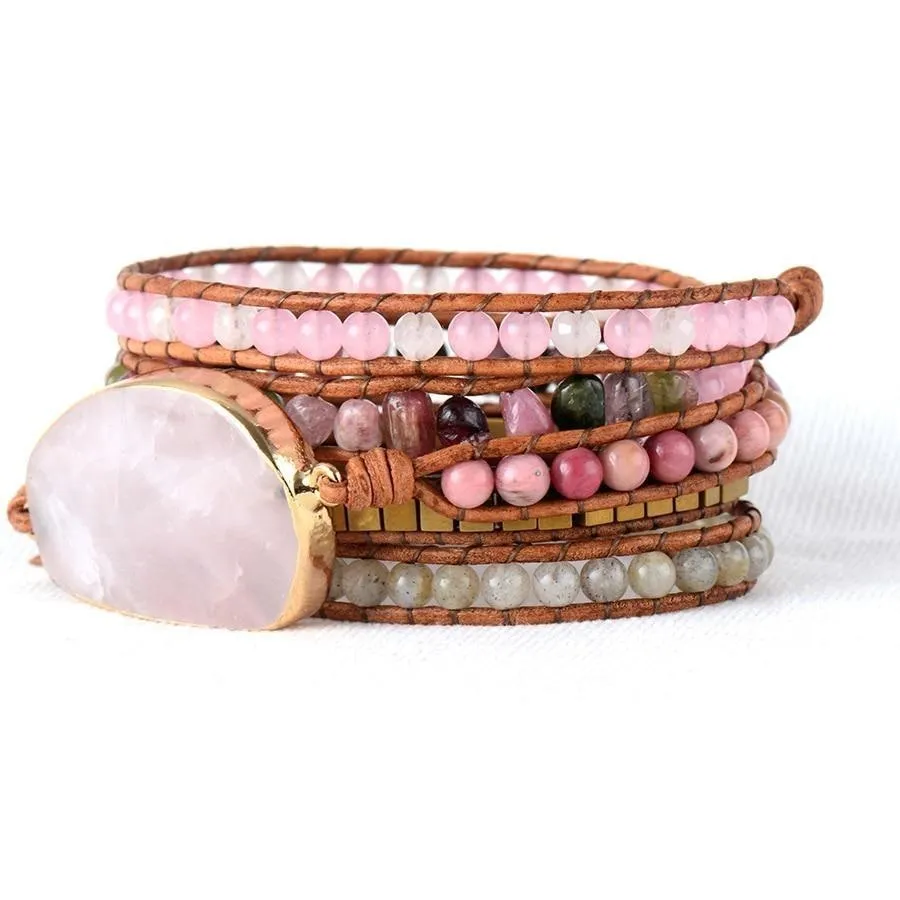 Natural Rose Quartz & Tourmaline Beaded Wrap Bracelet