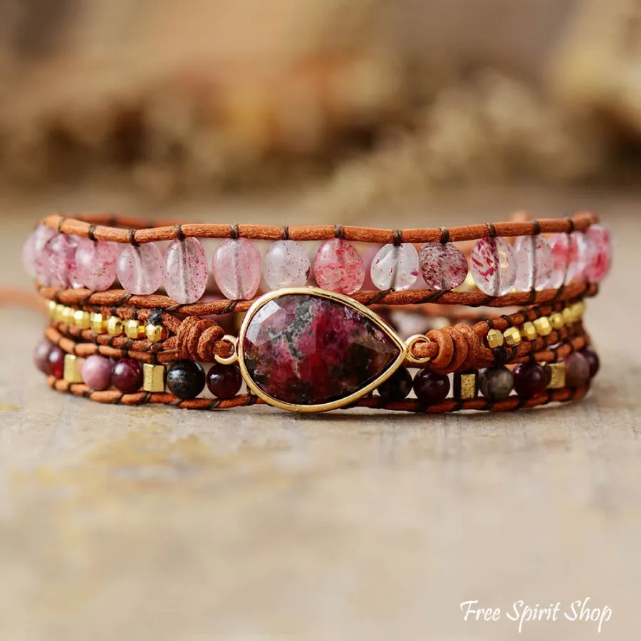 Natural Strawberry Quartz & Garnet Wrap Bracelet