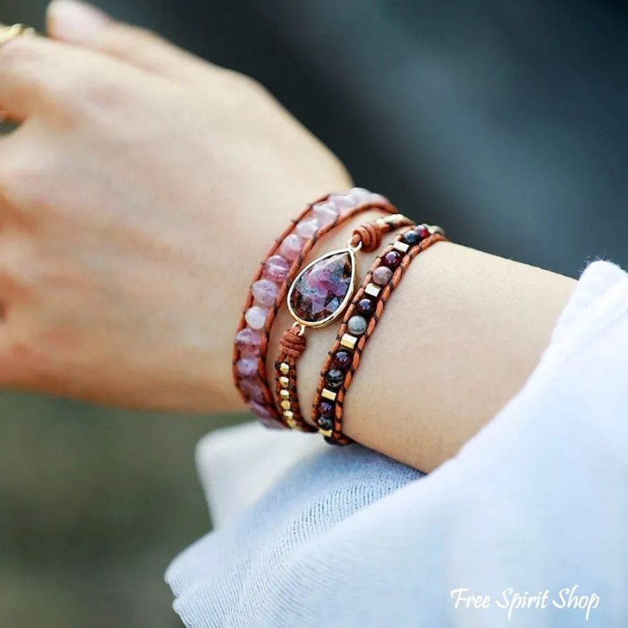 Natural Strawberry Quartz & Garnet Wrap Bracelet