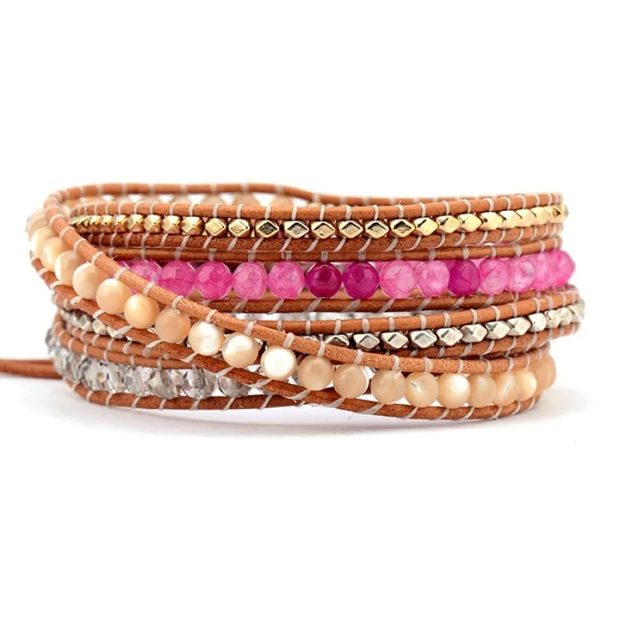 Natural Sunstone & Pink Bead Wrap Bracelet