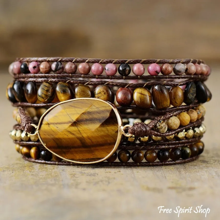 Natural Tiger Eye & Rhodonite Wrap Bracelet