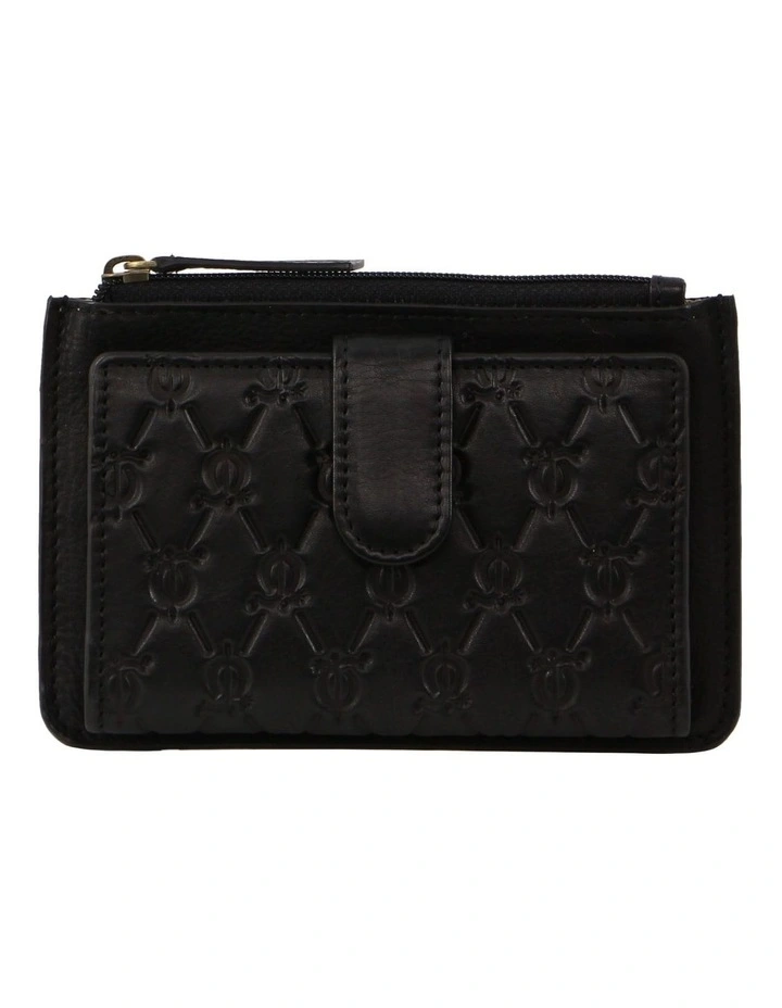 Pattern Embossed Leather Zip Wallet in Black