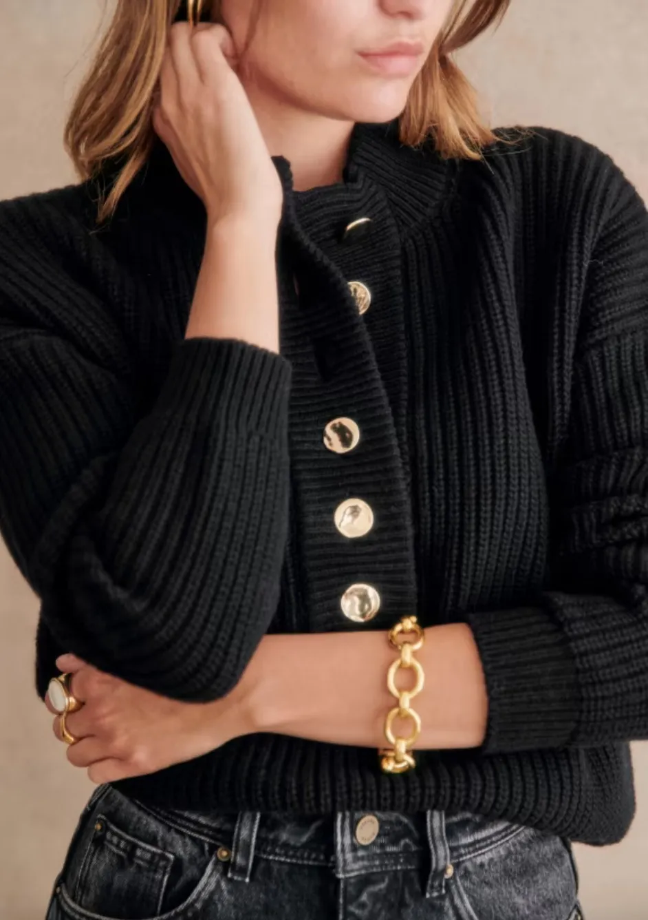 SEZANE  |Stripes Wool U-Neck Long Sleeves Plain Cotton