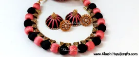 Silk Beads Necklace set in Black and Peach