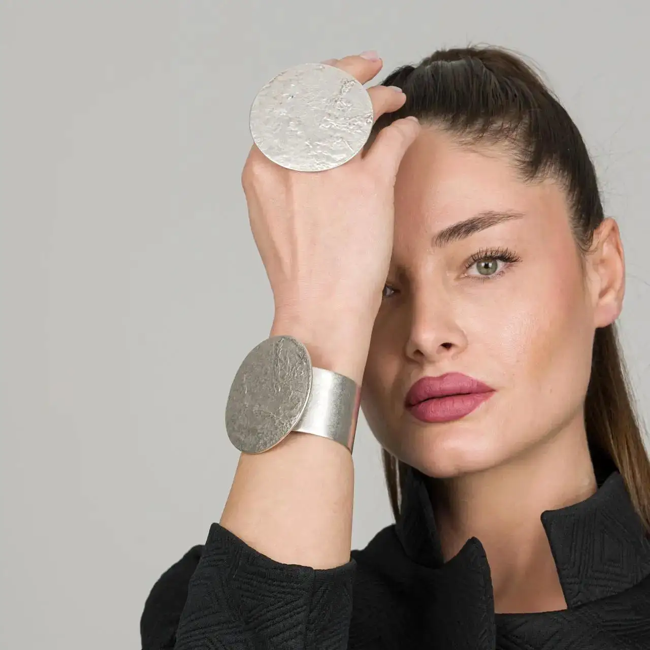 Silver Oversized Round Circle Artisan Ring & Bracelet Set