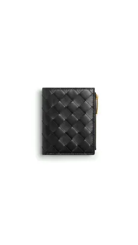 Small Intrecciato Bi-Fold Zip Wallet - Black