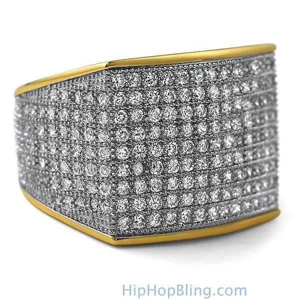 Thick Block Gold CZ Bling Bling Ring