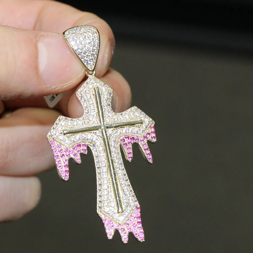 Thick Drip Cross Pendant VVS CZ 10K Yellow Gold