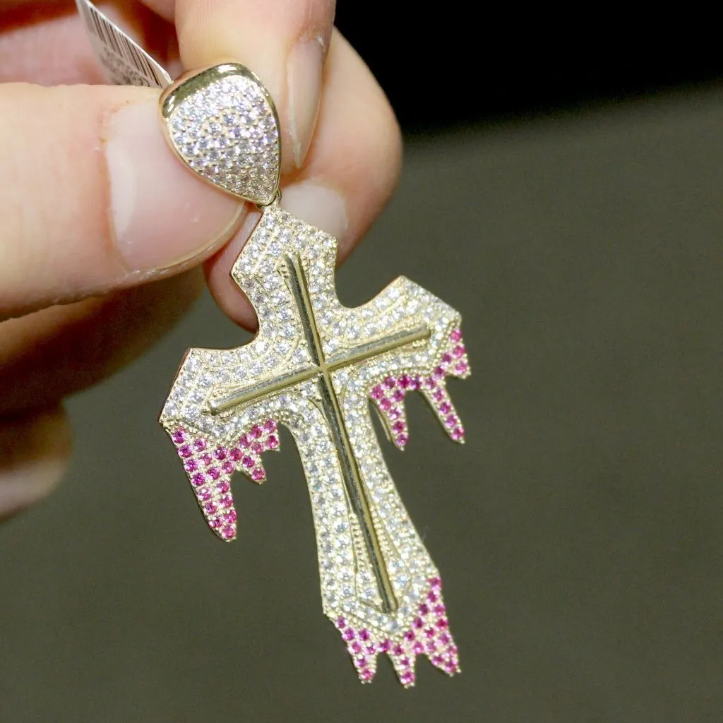 Thick Drip Cross Pendant VVS CZ 10K Yellow Gold