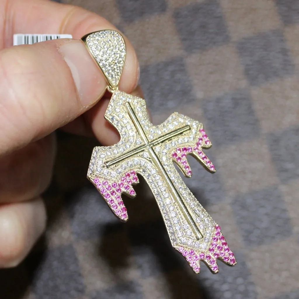 Thick Drip Cross Pendant VVS CZ 10K Yellow Gold