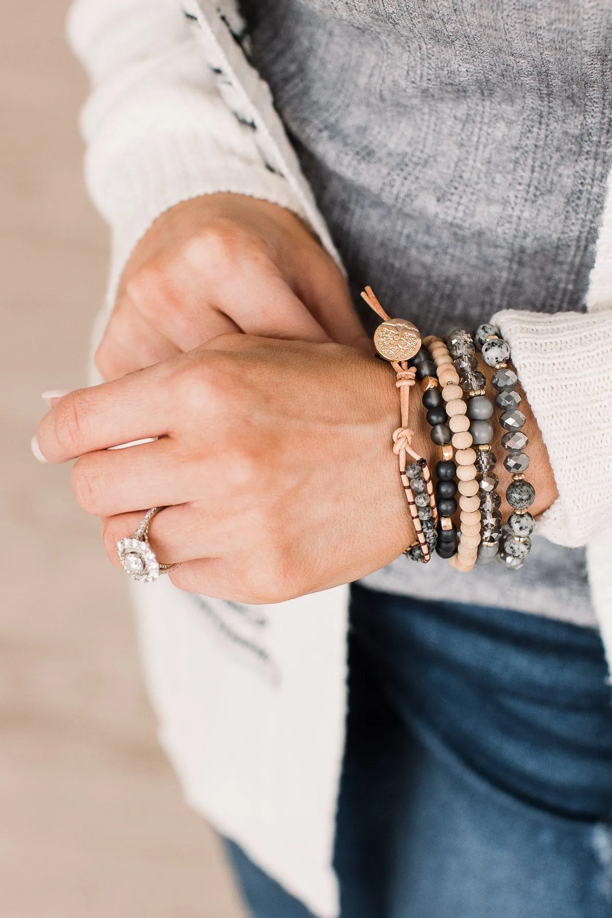 Tree Of Life Stackable Bracelet Set- Grey