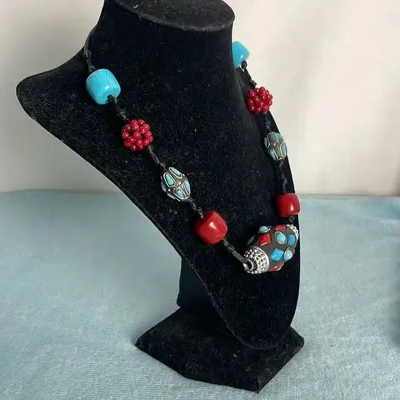 Turquoise And Coral Big Beads Necklace