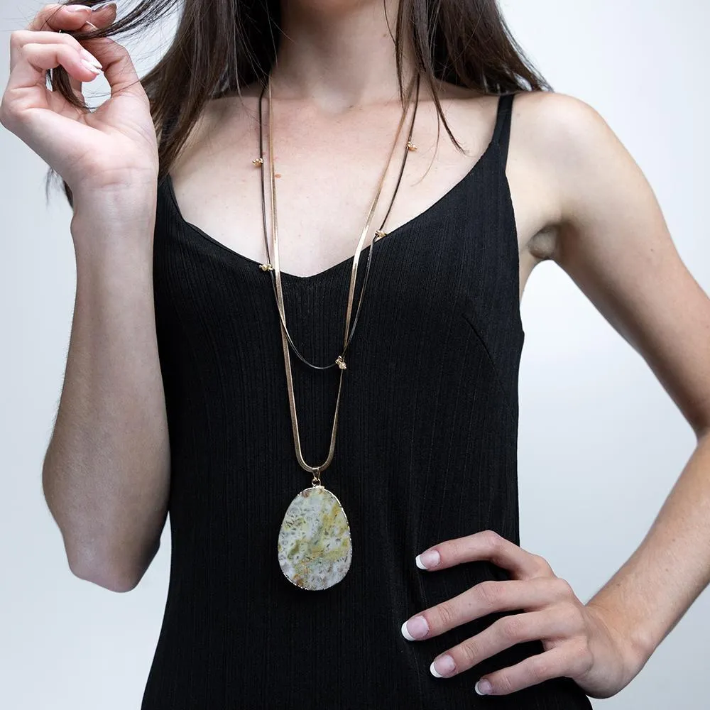 Two Tone Double Long Necklace with Semiprecious Stone Pendant Cha