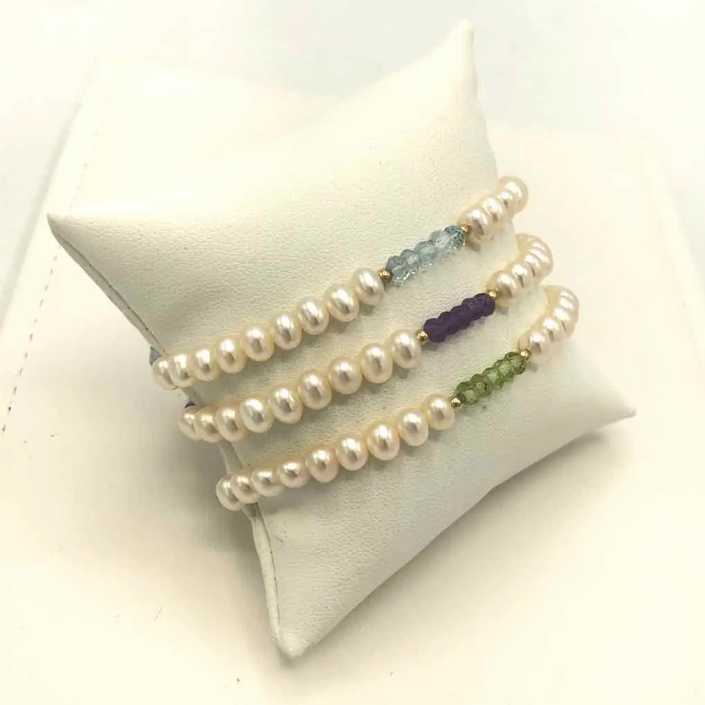 White Lt Blue Pearl Amythst Set of 3 Bracelet Set