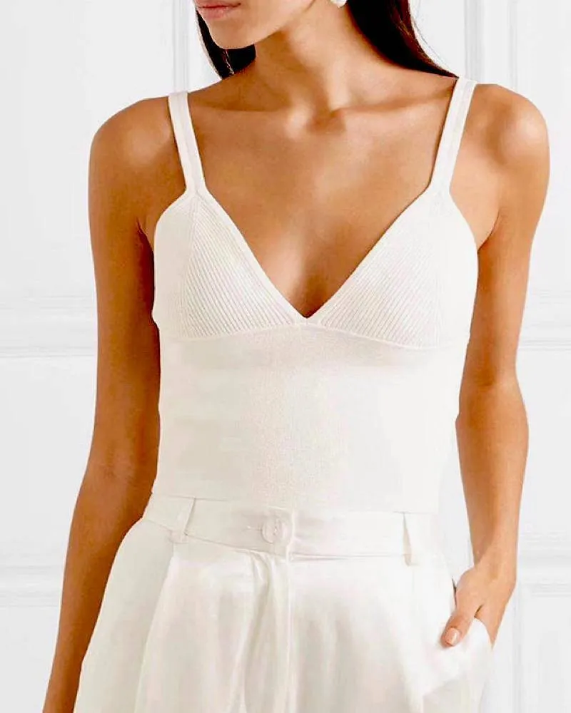 White Slim Strapped Ribbed Knit Cami Top