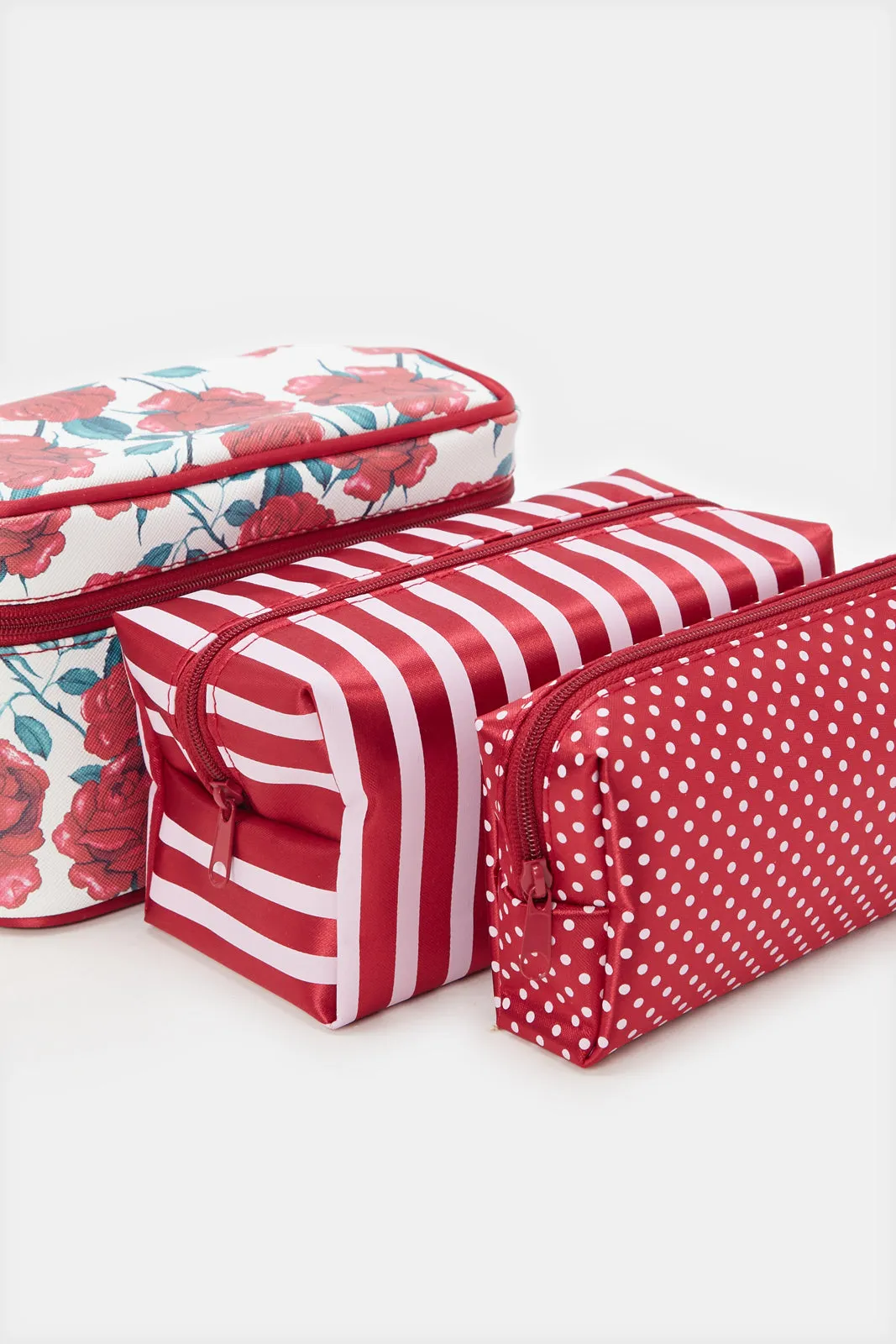 Women Red Printed Cosmetic Pouch Set (4 Piece)