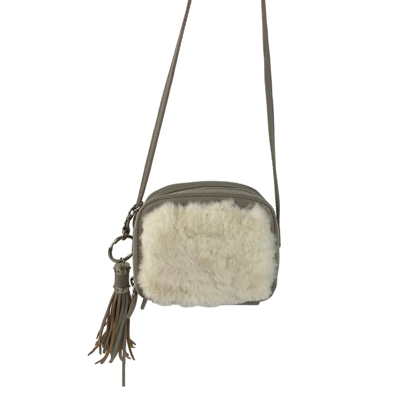 Womens Gray Leather Faux Fur Tassel Adjustable Strap Mini Purse Crossbody Bag