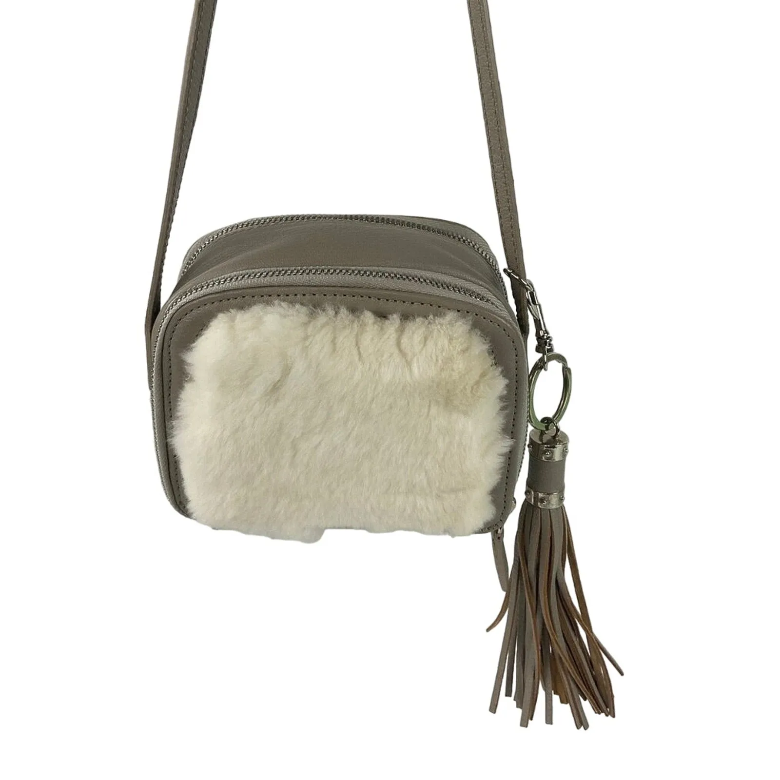 Womens Gray Leather Faux Fur Tassel Adjustable Strap Mini Purse Crossbody Bag