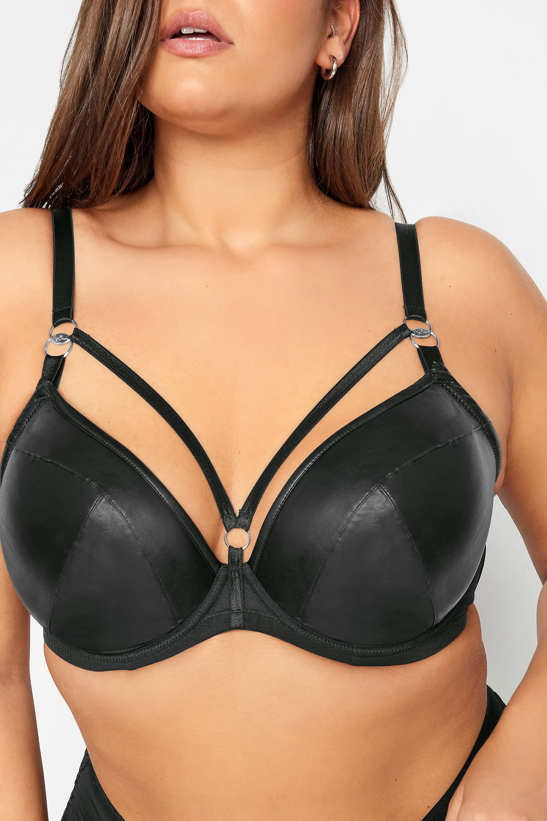 YOURS Curve Black Strapping Detail Faux Leather Padded Bra